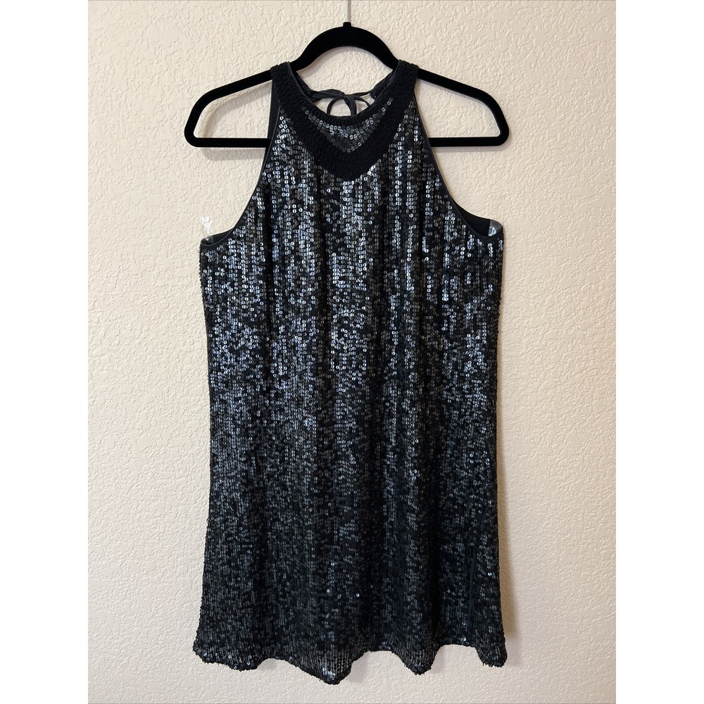 SINGLE DRESS Black  Silk Dress Sequin sleeveless shift Tank L (M) Bedazzled